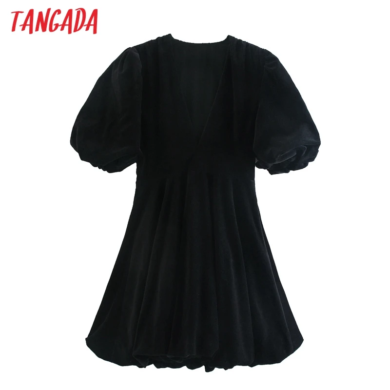 Tangada 2020 m. rudens-žiemos mados moterų kietas elegantiška juodo aksomo suknelė sluoksniuotos trumpomis rankovėmis v-kaklo ponios sexy mini suknelė 3H160