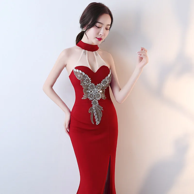 Vyno Raudona Undinėlės Sexy Ilga Cheongsam Modernus Rytietiškas Stilius Priimančiosios Qi Pao Moterų Kinijos Vakarinę Suknelę Qipao Skatinimo Skraiste Rouge