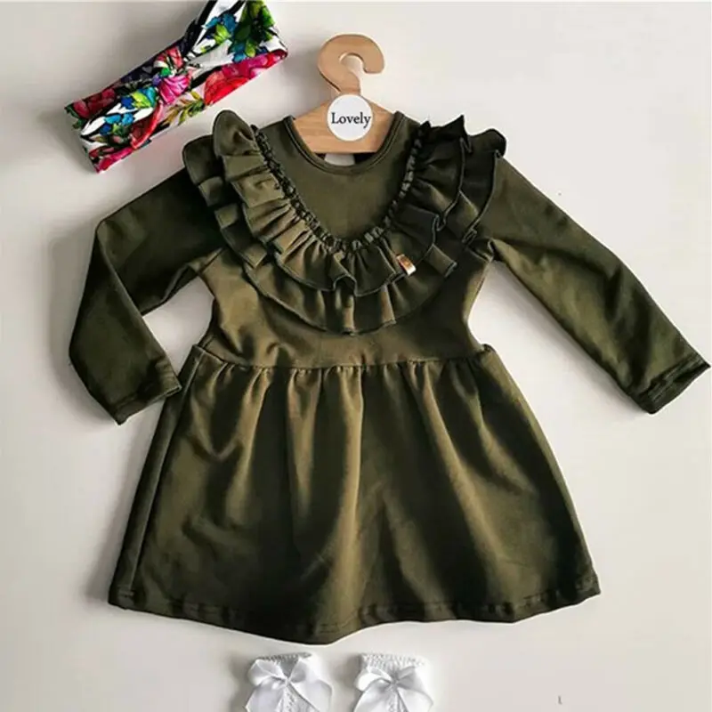 Mielas Pyplys Baby Girl Dress Komplektus Drabužių Kietas Pynimas Atsitiktinis Šalies ilgomis Rankovėmis O-kaklo Tutu Sukneles Su Lankelis