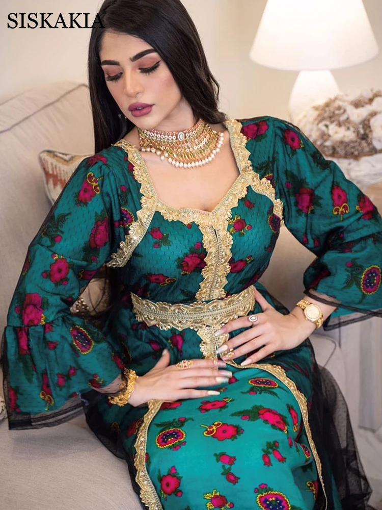 Siskakia Aukso Nėriniai Siuvinėjimo Jalabiya Akių Musulmonų Abaja Suknelė Eid Mubarakas Dubajus Turkų, Arabų Maroko Kaftan Islamo Apranga