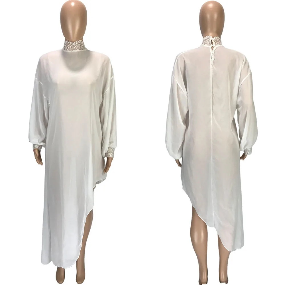 Vasaros Žibintų Rankovės Šifono Suknelė Moterų Nėriniai Golfo Prarasti Atsitiktinis Asimetrija Shift DressesParty Klubas Vestidos Sundress Skraiste