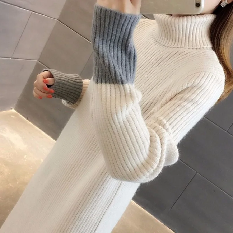 2020 Mados Rudens Ir Žiemos naujų korėjos versija prarasti storas megztas dugno suknelė aukštu kaklu over-the-knee džemperis moterims