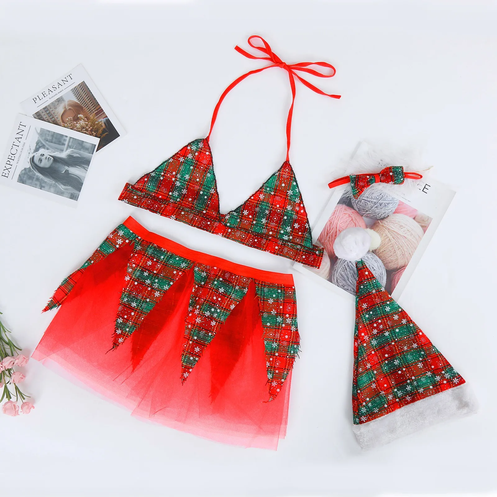2020 m Sexy Kalėdos Moterų Pledas apatinis Trikotažas Rinkiniai Ponios Grotelės Belaidžio Liemenėlė Miniskirt peteliškę Plunksnų Skrybėlę Sleepwear Pižama 4Pcs