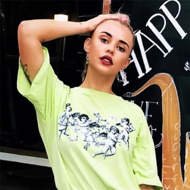 Sunfiz HJN Angelas Spausdinimo Kalkės Neon Green Marškinėliai Keturių Angelėlis Moterų Vasaros Viršūnes Streetwear Derliaus Atsitiktinis Negabaritinių Grafinis Tees
