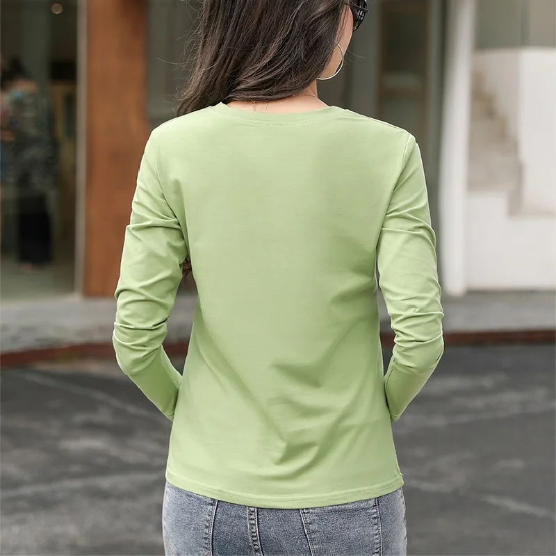 Žalia Letter spausdinimo 2020 m. Rudenį Medvilnės marškinėliai moterims Visą rankovės O-Kaklo Žiemos Prarasti dugno T shirts Naujas moteriškas Minkštas Viršūnės