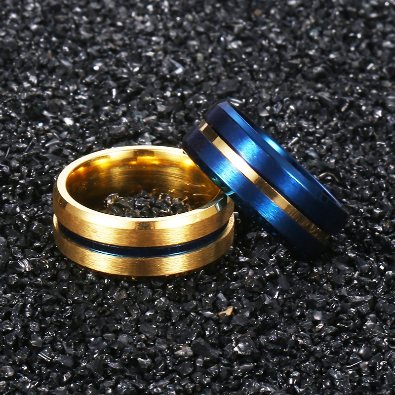 Nerūdijančio Plieno Žiedai Vyrams Gold Blue Groove Mens Vestuvių Juostoje Žiedas Matinis Mados Vyrų Papuošalai Dovanos Dropshipping 8mm LKRM46