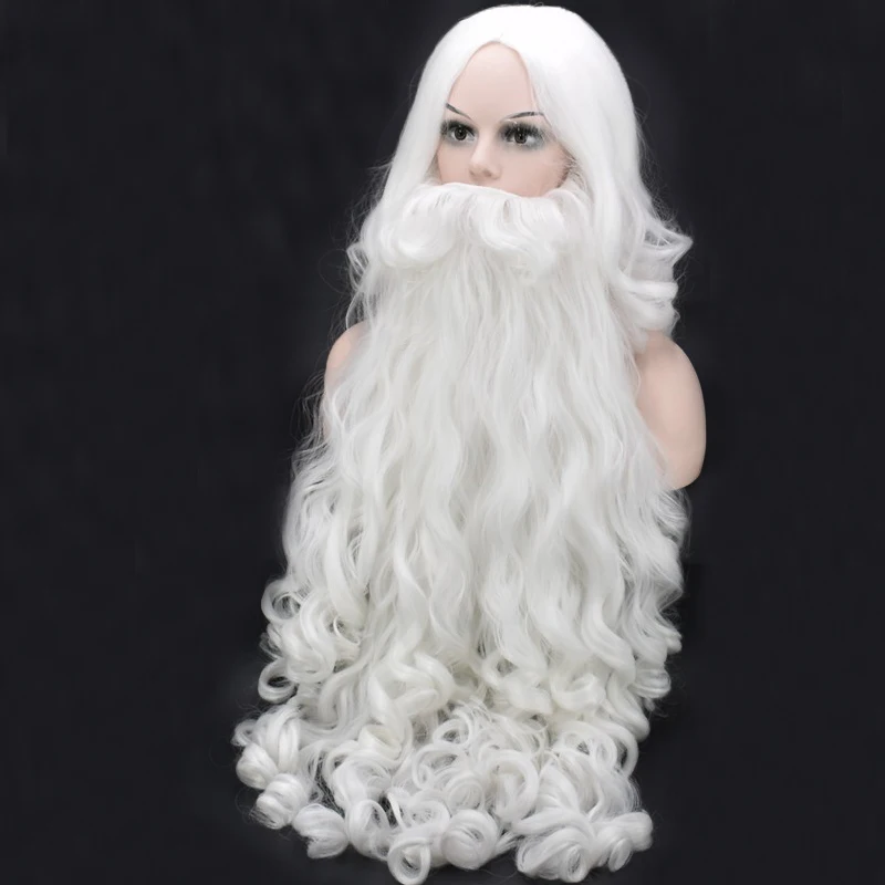 Kalėdų Cosplay Perukas, Barzda Santa Claus Baltas Garbanotas Ilgio Sintetinių Plaukų Atsparumą Karščiui + Perukas Bžūp