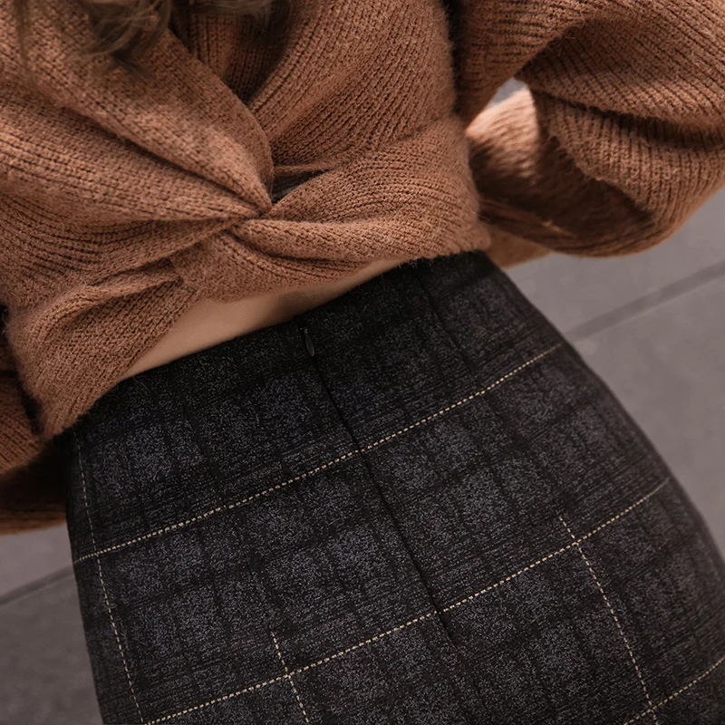 Aukštos juosmens-line žiemos vilnonis sijonas moterų 2020 m. rudens derliaus pledas mini šortai, sijonai, ponios darbo sijonas faldas mujer