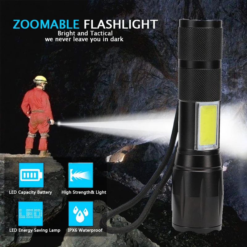 4000LM Galingas LED žibintuvėlis pusėje COB lempos dizainas T6 Zoomable fakelas 4 šviesos režimai 18650 baterija + pakrovėjas, lauko