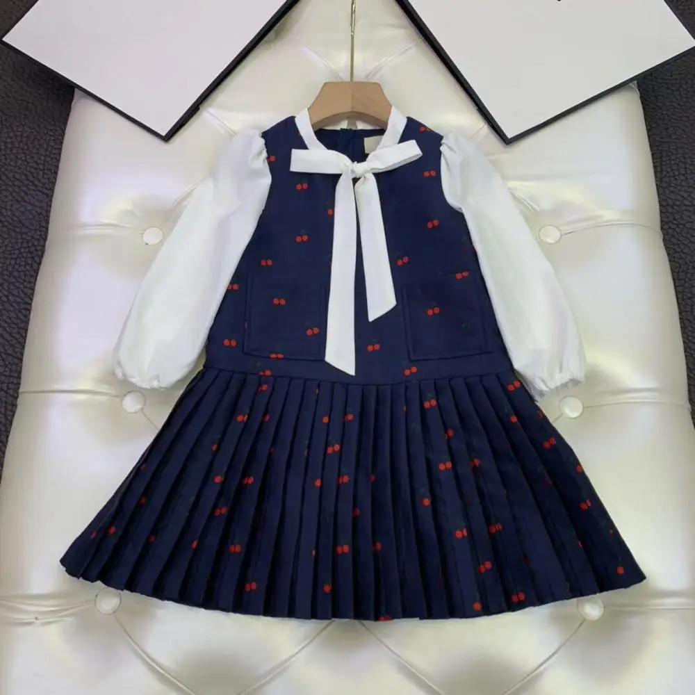 20Winter Naujas aukštos klasės Mergaitės Oficialus ilgos Suknelės Preppy Stilius vaikų boutique medžiaga Vyšnių dizaino Pynimas suknelė mergaitėms