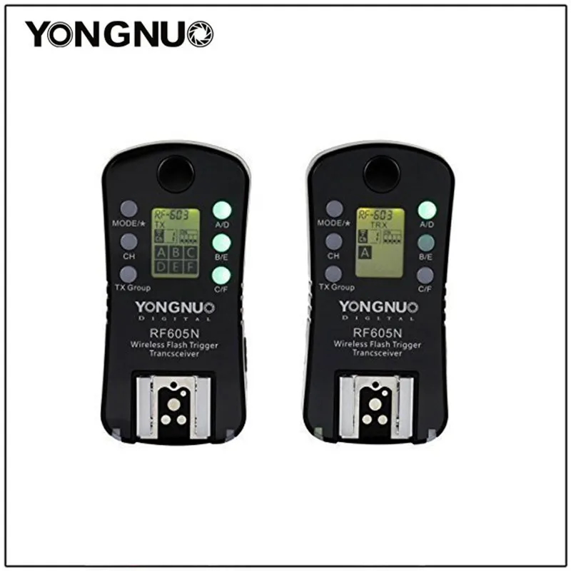 Yongnuo 2VNT RF605 RF-605 Wireless Flash Trigger Transiveris skirtas Nikon D7100 D5200 D5100 Canon 650D 1000D 1100D 1000D