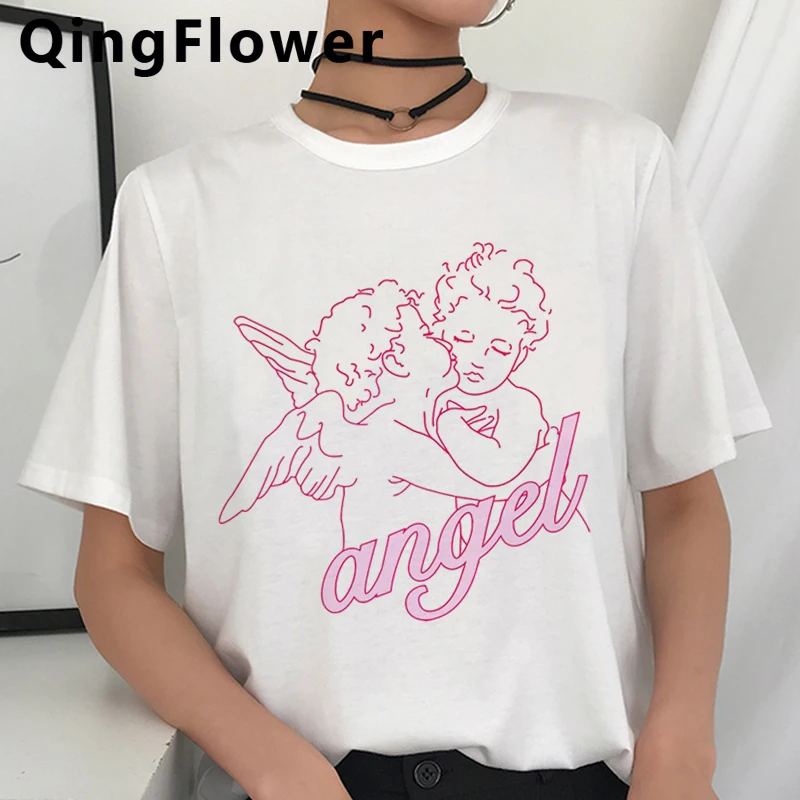 Derliaus Harajuku Angelai Grafinis T-shirt Moterims, Ullzang Estetinės Grunge Anime Marškinėliai Mados Vasaros Marškinėlius 90s Viršuje Tees Moteris