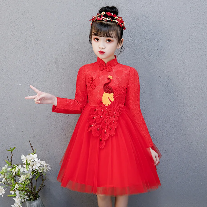 Vaikai Princesė Dress Povas Siuvinėjimo Cheongsam Suknelės Kinų Naujųjų Metų Kalėdų Šventė Kostiumai Elegantiškas Tiulio Suknelė 3-12T