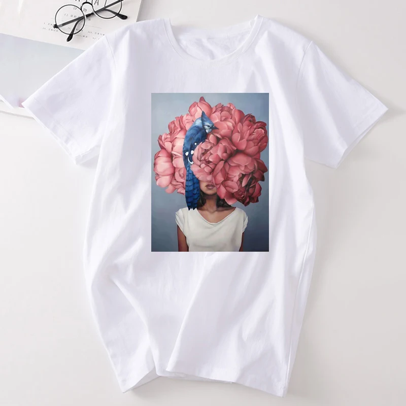 Seksualus Gėlių, Plunksnų Moterys T-shirt Moterims, Balta korėjos Stiliaus Medvilnės trumpomis Rankovėmis Viršūnes Tees Atsitiktinis Pora T-Shirt