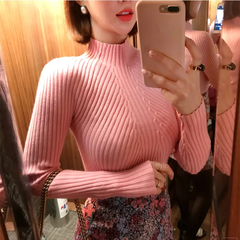 5 spalvų 2019 m. Rudenį Moterys lady megztinis aukštos elastinga, Kieta Golfo džemperis moterims slim seksualus stora Dugno Puloveriai, Megzti