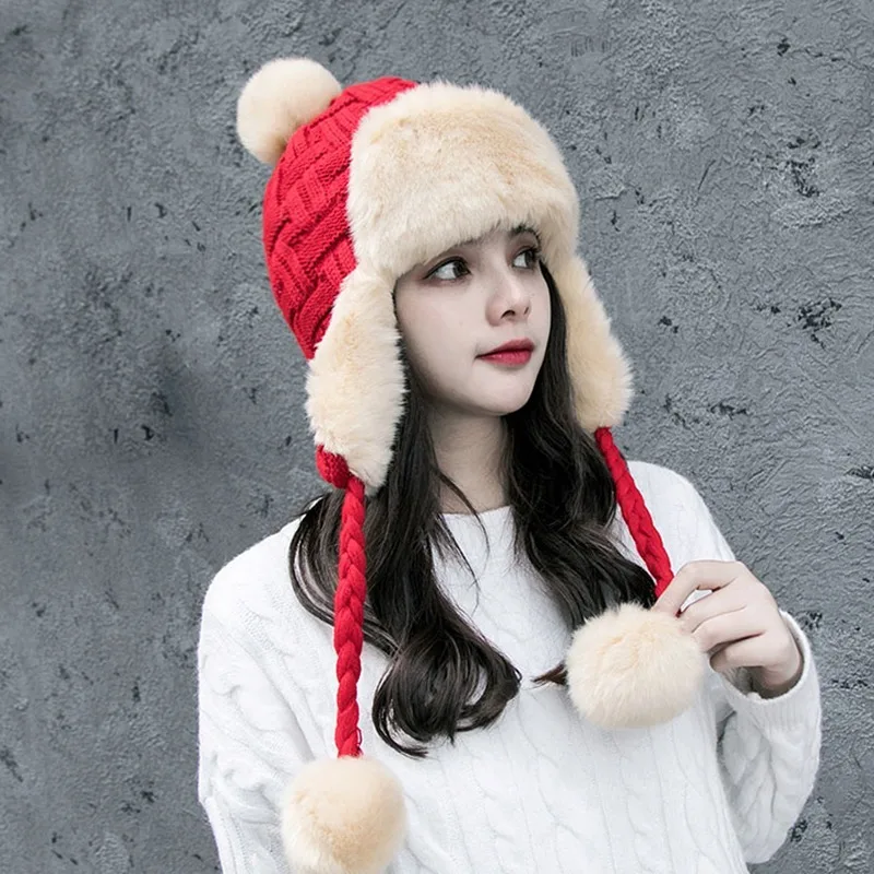 Moterų Trapper Kepurės Žiemą Šiltas Dirbtiniais Fox Fur Bombonešis Skrybėlę Beanies Rusijos Ushanka Vilna, Mezgimo Pom Pom Earflaps Aviatorius Kepurės