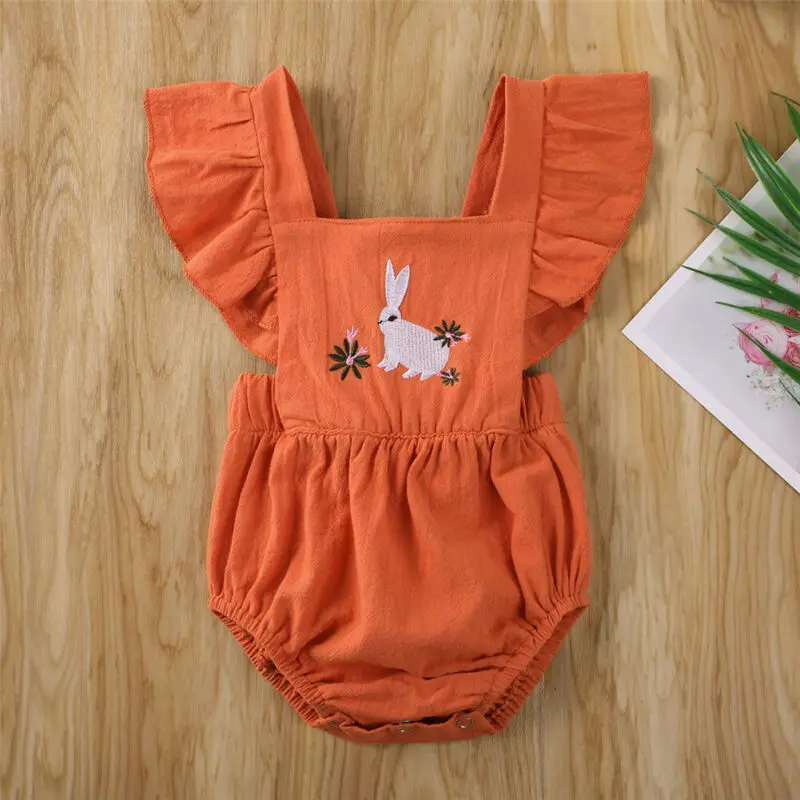 Imcute Naujagimiui Mielas Triušis Išsiuvinėti Kūdikių Mergaičių Bodysuit Easter Bunny Vasaros Mados Plaukioja Rankovės Kūdikių Berniukų Jumpsuit