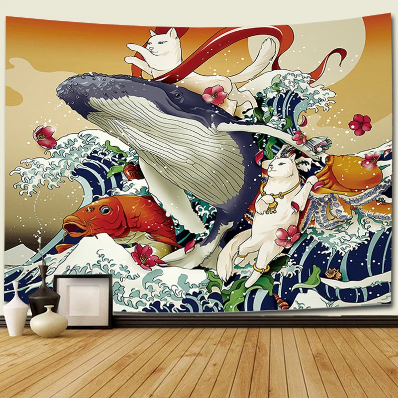 Japonija gobelenas stiliaus naršyti žuvų ukiyo-e sienų papuošimai Kanagawa Bangos Spausdinti Kabinti Gobelenas Banginis Macrame Sienos Kabo
