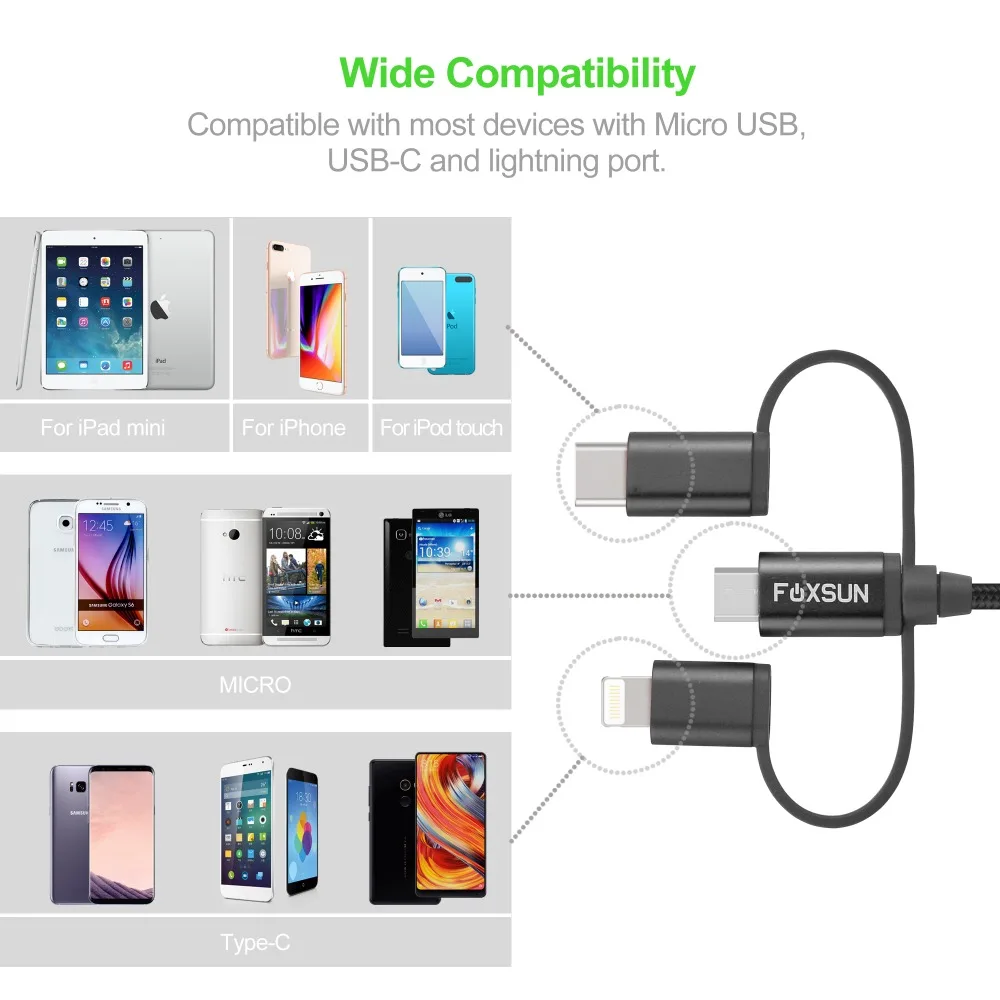 Foxsun 3 in 1 USB Įkrovimo Kabelis nuo Žaibo Kabelis, Mikro USB Kabelio Tipas-C Kabelio 