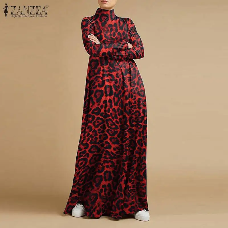 ZANZEA Atsitiktinis Golfo Visą Rankovės Vestidos Stilingas Leopardas Spausdinti Ilgos Suknelės Moterims, Baggy Derliaus Sundress Elegantiškas Chalatas, 5XL