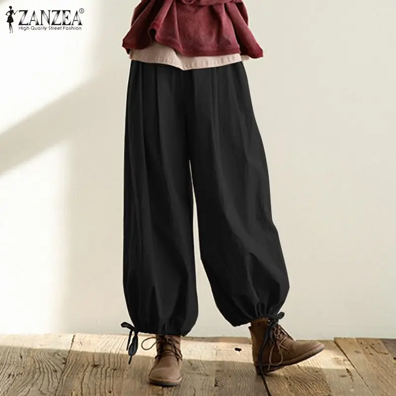 ZANZEA 2021 Moterų Krovinių Kelnės Stilingas Rudens Kelnės Aukštu Juosmeniu Ilgai Pantalon Palazzo Moterų Streetwear Plius Dydis Ropė 5XL