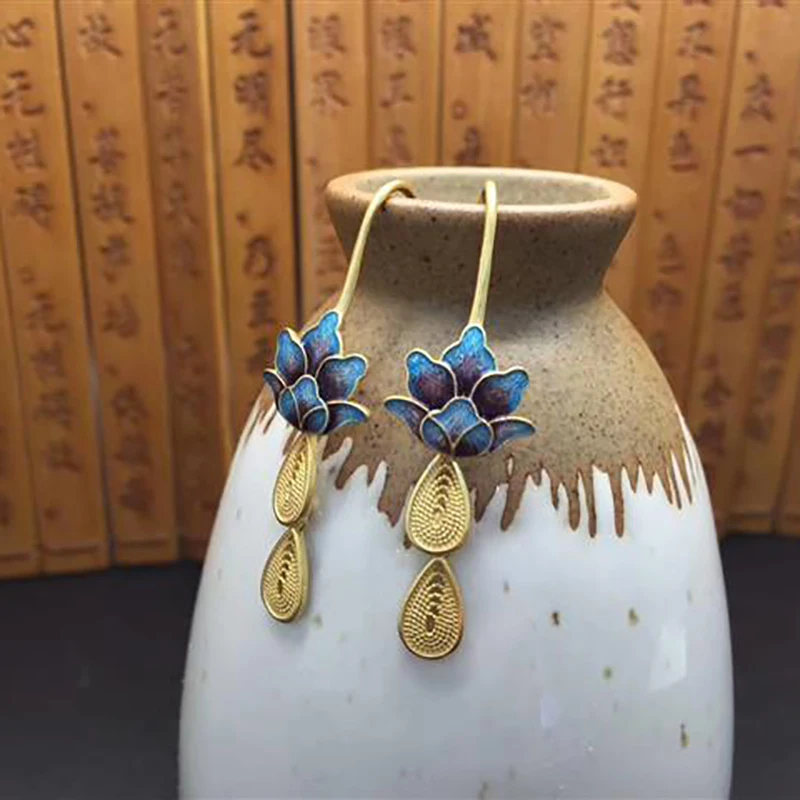Naujas silver šaudė mėlyna emalį vandens lašo formos paauksuotas Kutas Auskarai Kinų stiliaus retro žavesio šviesos prabangūs moteriški papuošalai