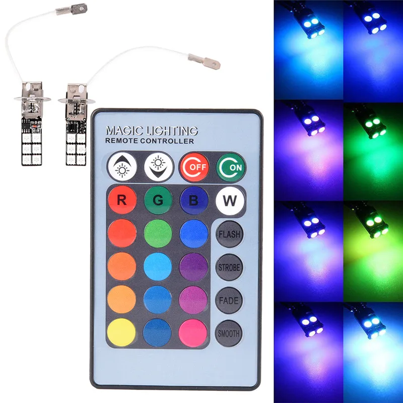 LED priekiniai Žibintai Stiprintuvas Rūko Žibintai Dienos šviesos Indikatoriai RGB 2vnt su Nuotolinio Valdymo H1 H3 5050 12 SMD Spalvinga