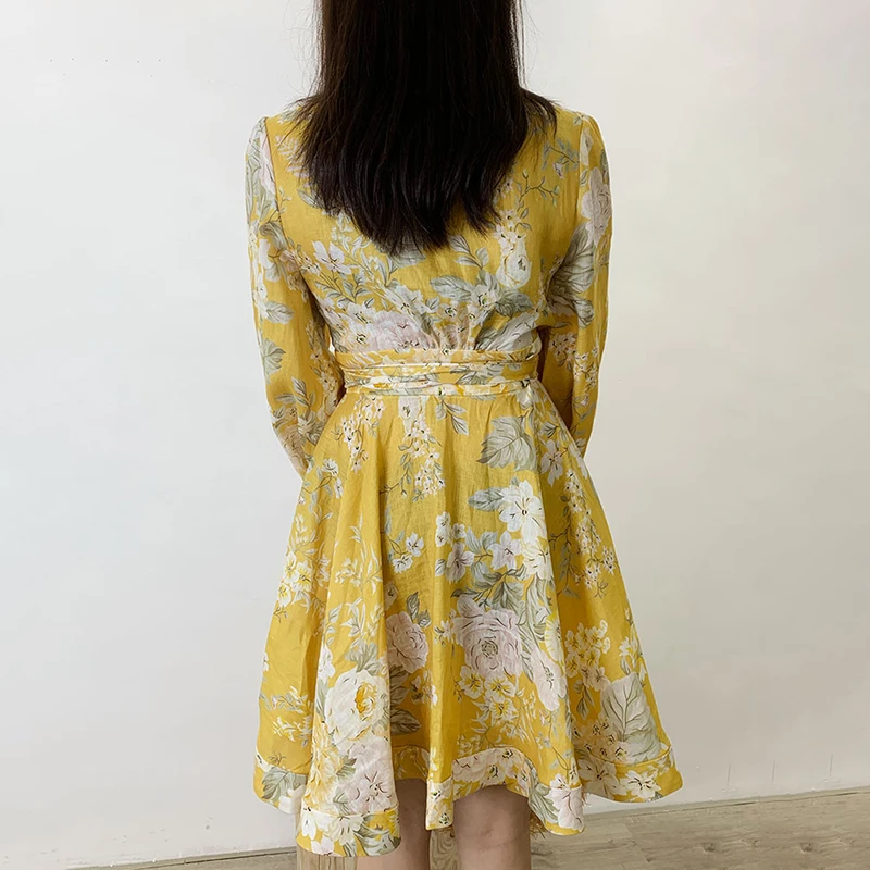 VGH Spausdinti Suknelė Moterims V Kaklo Žibintų ilgomis Rankovėmis Aukštos Juosmens Nėrinių Geltona Mini Suknelės Moterų 2020 M. Vasarą Naujų Drabužių Banga