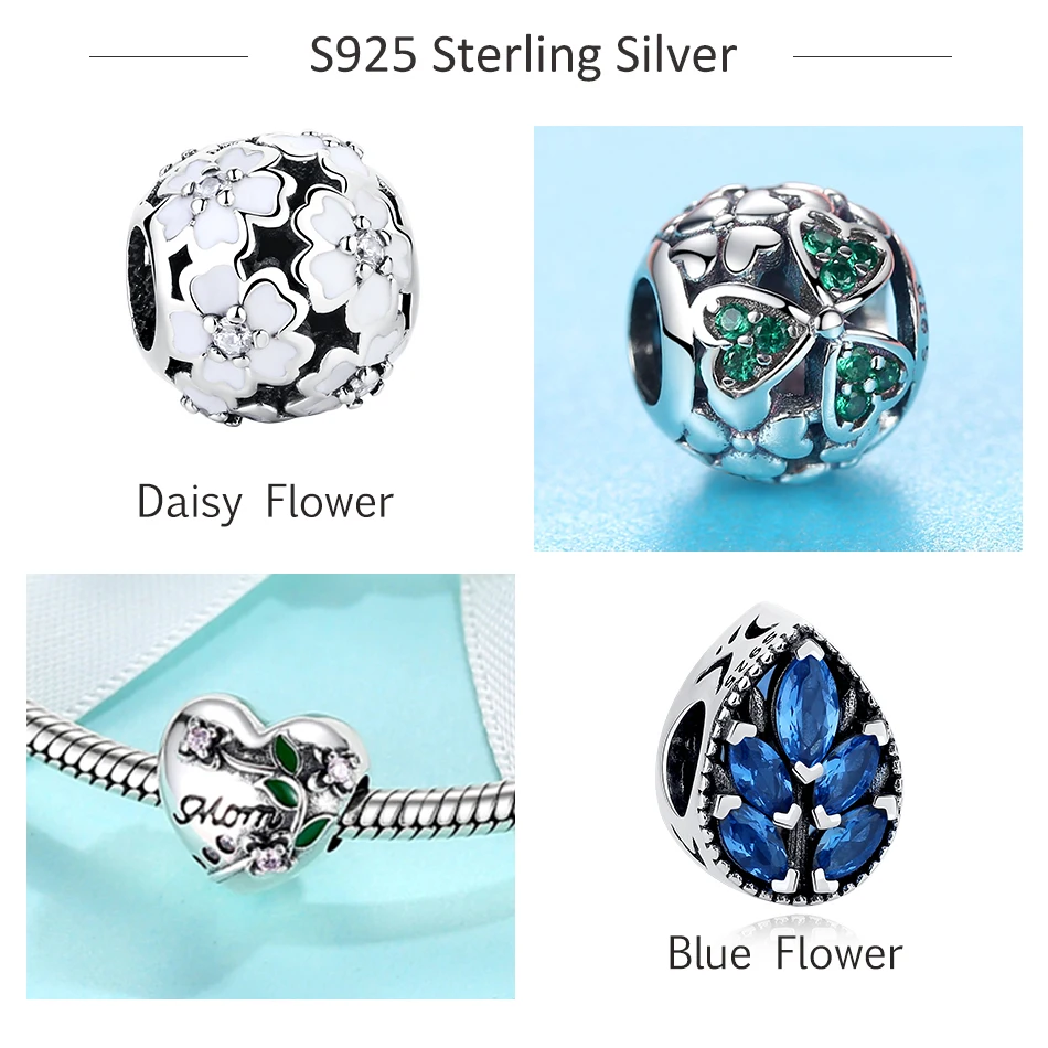 ELESHE 2019 Naujas Vintage Blue CZ Kristalų Gėlių Granulių 925 Sterlingas Sidabro Žavesio Tinka Apyrankės Karoliai 