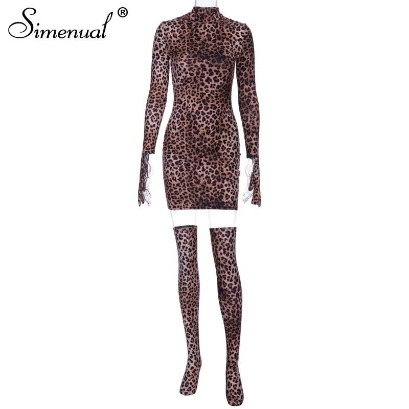 Simenual Karšto Seksualus Leopard Moterų Mini Suknelė Su Pirštines Ir Gyvulių Šalies Clubwear Mados Ilgomis Rankovėmis Bodycon Suknelės Liesas
