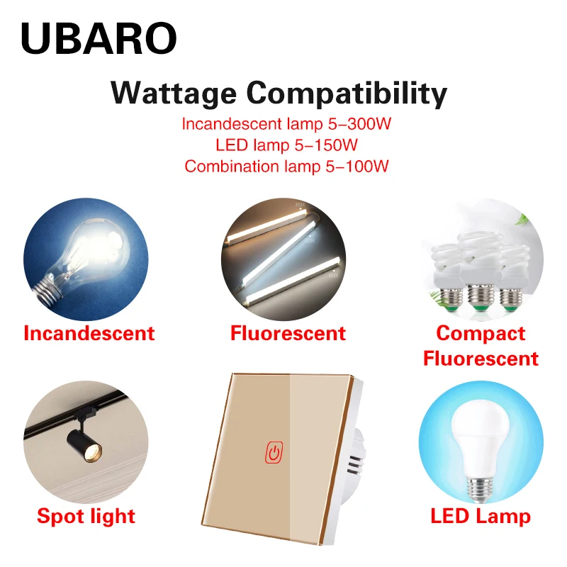 UBARO Touch Lempos Jungiklis ES Standartas, Baltas Stiklas Įjungti Grandinės Jungiklis AC220V Jutiklinį Jungiklį Grupės Vienas Būdas Pereiti Sienos Touch