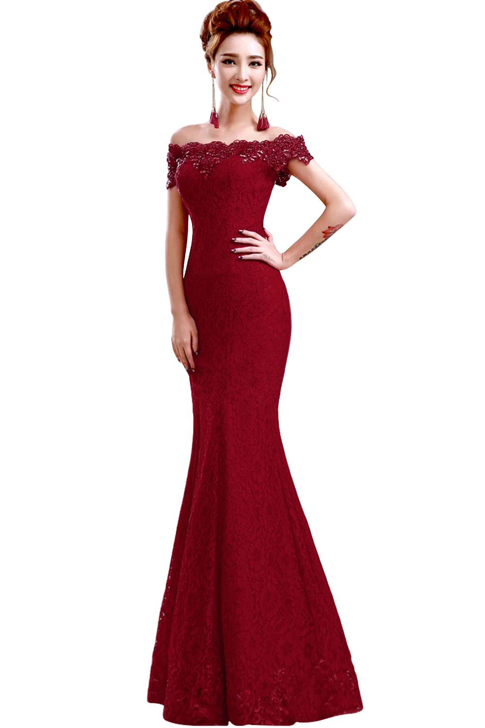 Misshow Undinė vakarinę Suknelę 2020 Rausva Nėrinių Ilgai Oficialų Suknelė Elegantiškas nuo Peties Rankovių Chalatas de Soiree