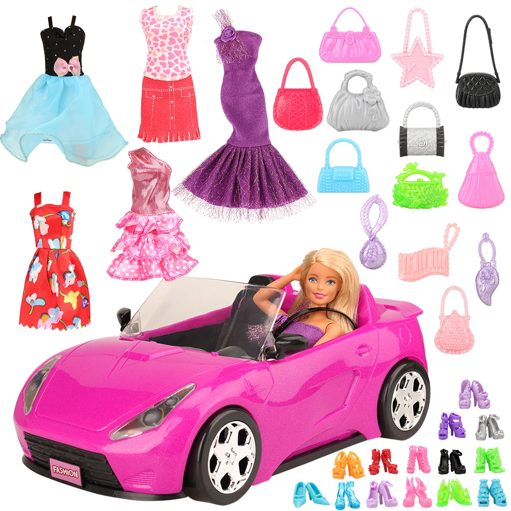 Naujausia rankų darbo kietas 26 straipsniai/set lėlės Priedai = 5 drabužiai+10 atsitiktinai pasirinkti krepšiai, batai+1 žaislas, lėlė automobilių Barbie automobilis-Geriausia Dovana