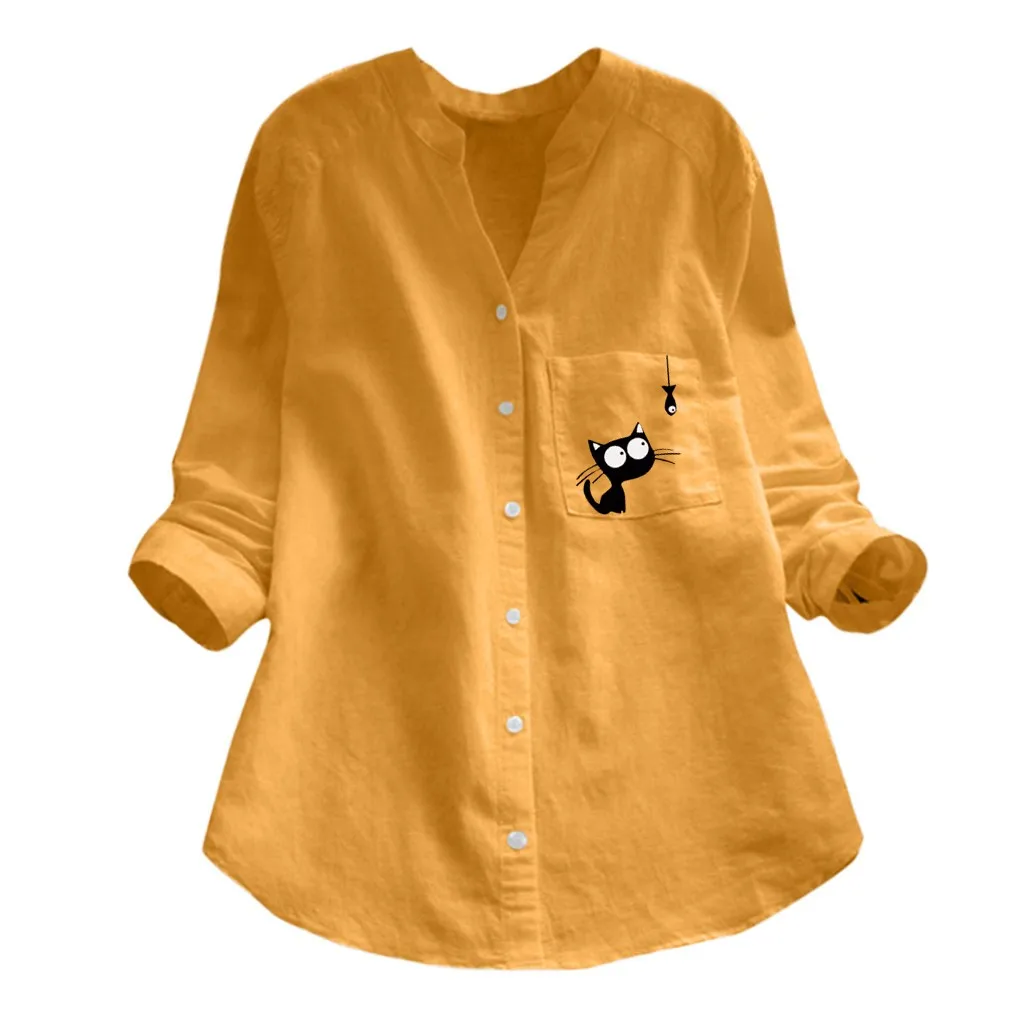 Naujos Palaidinės, Marškinėliai Moterims Medvilnės skalbiniai Atsitiktinis Katė Spausdinti Kišenėje ilgomis Rankovėmis Marškinėliai Mygtuką vientisos Spalvos Viršūnes Office рубашка