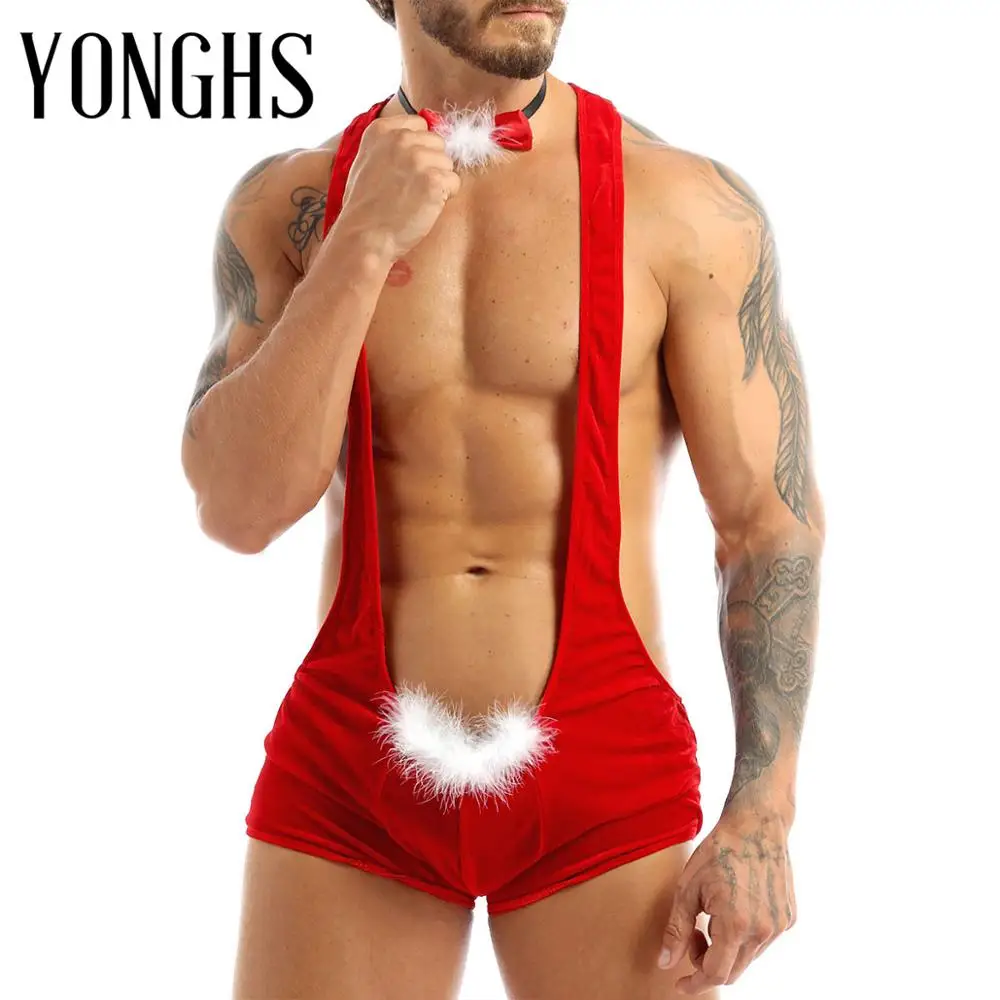 Mens Kalėdų Lingerie Sexy Bodysuit Sekso Cosplay Kostiumų Lenktynininkas Atgal Leotard Bodysuit Imtynių Singlet Apatiniai su Bowtie