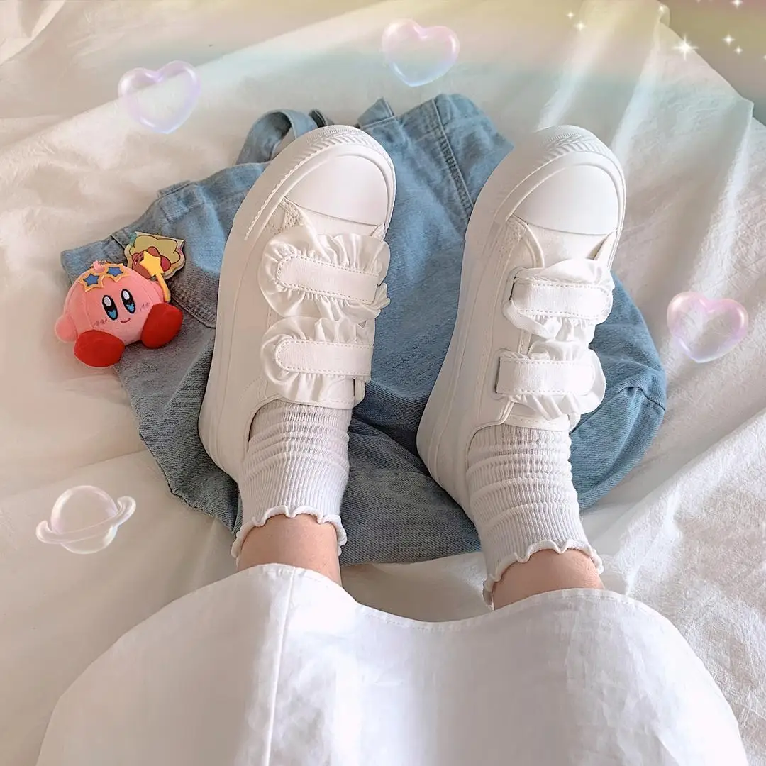 Moterų Balti Sneaker Kawaii Lolita Batai Mielas Panele Japonijos Nėrinių Velcro Pliušinis Butai Pavasario Atsitiktinis Canva Avalynė 2021tenis Moteris