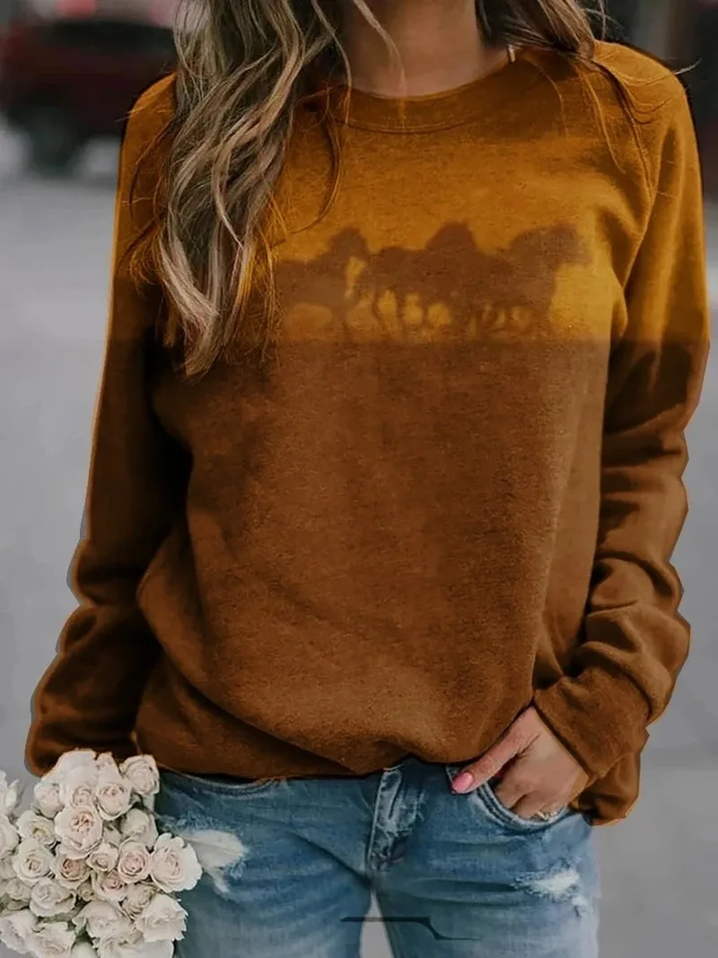 Moterų 3D Atspausdintas T-shirt su Žirgų Elementai Apvalios Kaklo, ilgomis Rankovėmis Viršų