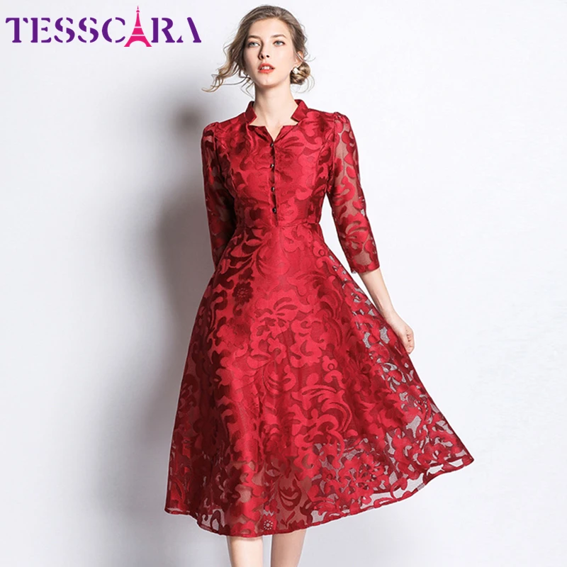 TESSCARA Moterys Pavasarį, Rudenį Elegantiškas Nėrinių Suknelė Marškinėliai Moteriška Aukštos Kokybės Derliaus Dizaineris Raudona Vestidos Ilgai Office Šaliai, Skraistės