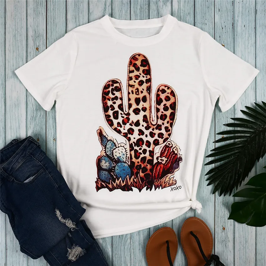 Leopard Kaktusas Spausdinti Marškinėliai Moterims White T-shirt 2019 Viršūnes Tee Mados Trumpas Rankovėmis Tee Marškinėliai Moterims Drabužių Camiseta Mujer Tees