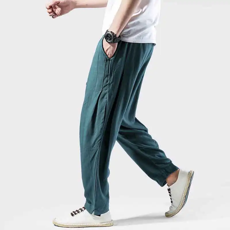 MRDONOO Elastinga juosmens medvilnės kelnės vyriškos kelnės Kinų stiliaus lino pločio kojų kelnės prarasti didelio dydžio moteriškos sportinės kelnės haremo kelnės K119