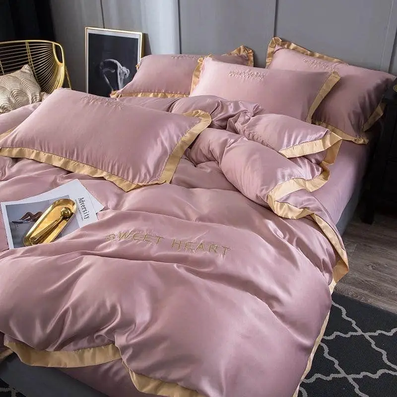 Prabangus šilko patalynės, komfortą karalienės dydžio lova nustatyti, šilko imitacijos spausdinti lova padengti king size lova padengti pagalvę padengti 4 vienetų