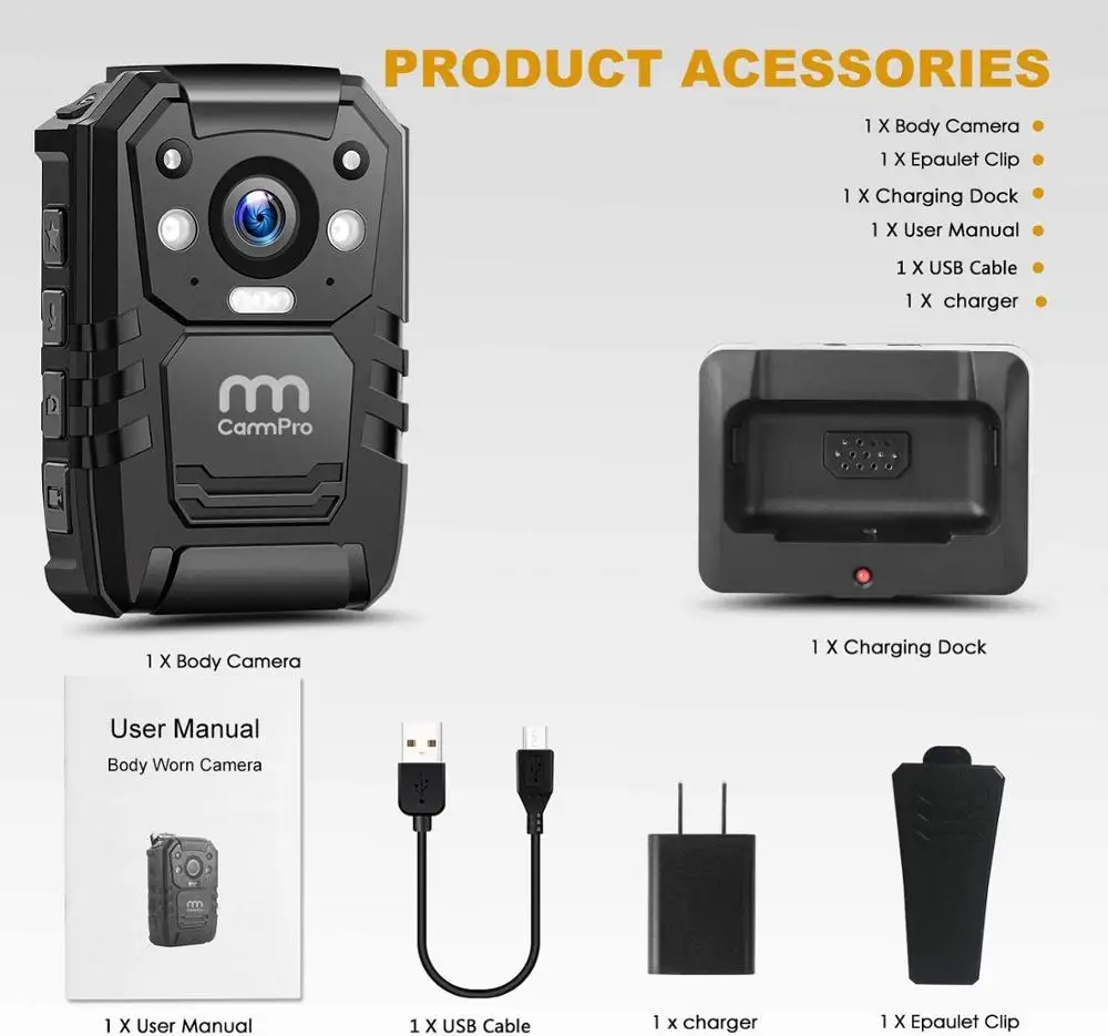 CammPro i826 Policijos Įstaiga Cam 1296P HD 128 GB Premium Nešiojamų Kūno Dėvėti Kamera, Diktofonas, IP66 atspari Vandeniui Su GPS Naktinio Matymo