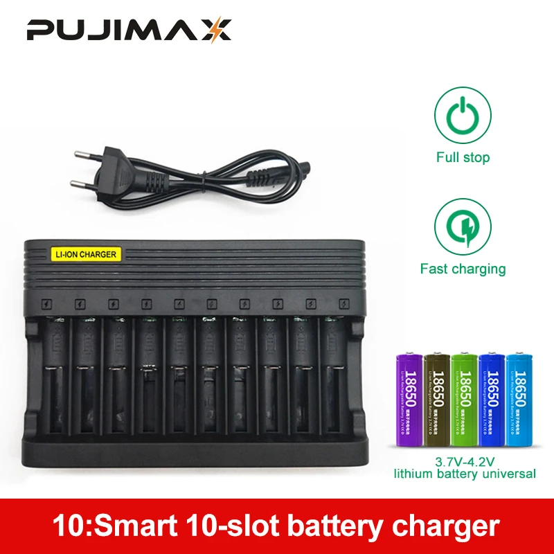 PUJIMAX10-lizdai baterijos kroviklis 18650 ES Smart įkrovimo 26650 21700 14500 26500 22650 26700 Li-ion Įkraunama Baterija įkroviklis