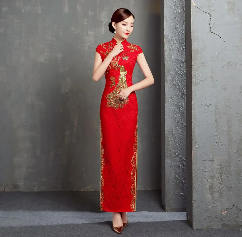 Raudona Kinų Tradicinių Vestuvių Cheongsam Suknelė Ilgai Siuvinėjimo Qipao Retro Nėrinių taurę Suknelė Plius Dydis 6XL Suknelė Moterims