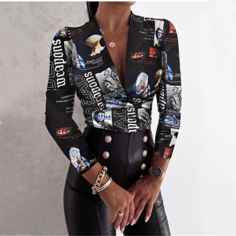 Seksualus Rudens ilgomis rankovėmis Giliai V-kaklo Plonas Leopardas Spausdinti Moterų Marškiniai 2020 M. 