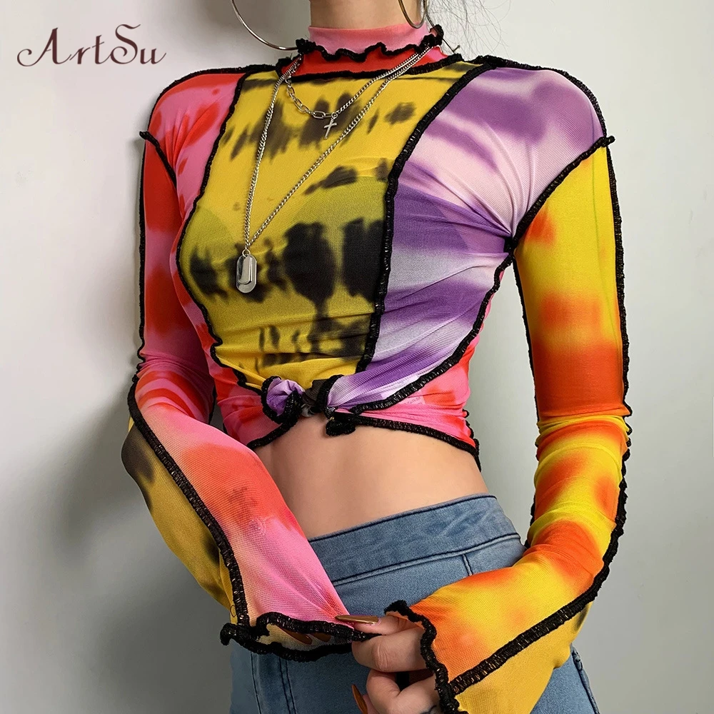 ArtSu Abstrakčiai Atkreipti Spausdinti Marškinėliai Moterims Spalvotų Vien Akies ilgomis Rankovėmis Marškinėliai Kratinys Viršūnes 2019 Naujas Streetwear ASTS60237
