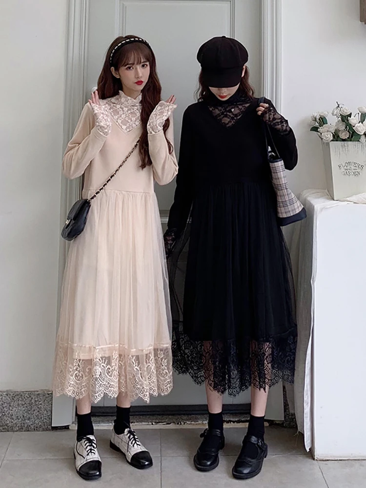 Rudenį Ir Žiemą Korėjos Versija 2020 Naujas Sutirštės Vidutinio Ilgio Suknelė Su Juosmens Rodo Plonas Nėrinių Sujungimas Super Pasakų Ilgai S