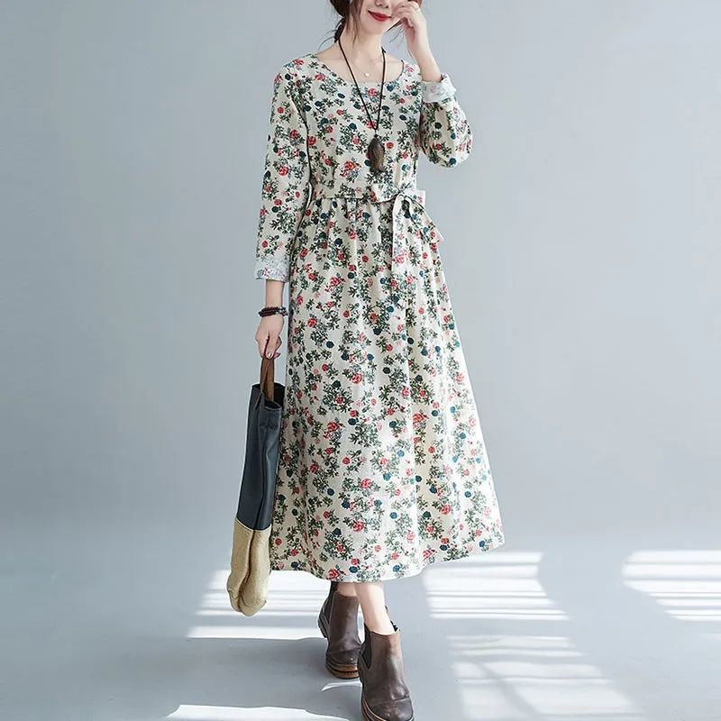 Moterų Medvilnės Skalbiniai Ilgai Suknelė Naują Atvykimo 2020 M. Rudenį Vintage Stiliaus Gėlių Spausdinti Prarasti Ponios-line Atsitiktinis Suknelės S2138