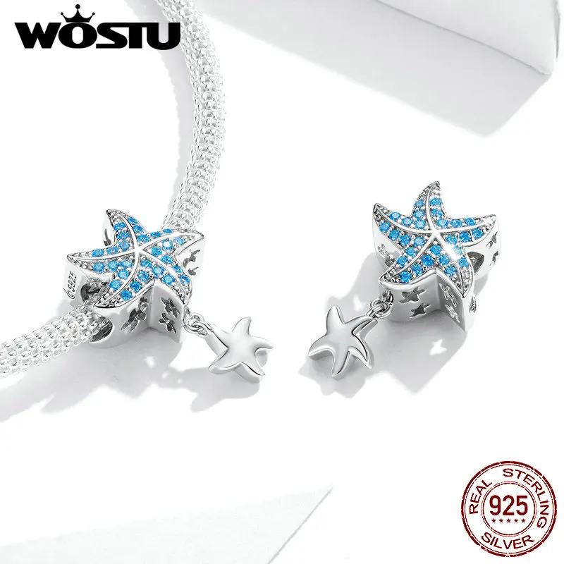 WOSTU Žvaigždė Pakabukai 925 Sterling Silver Blue AAA Cirkonis Vandenyno Starfish Pendant Karoliukai tinka Originalios Apyrankės 