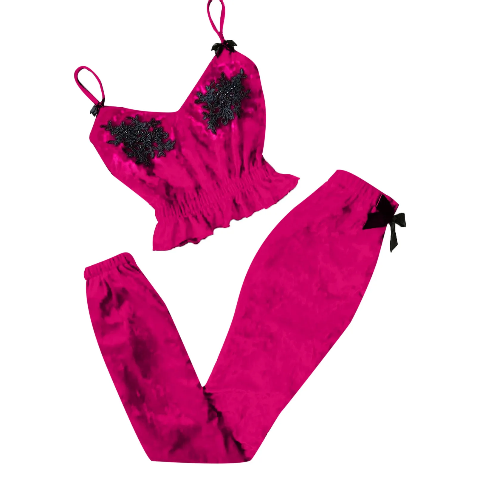 40# Moterų Pižama Sleepwear Nustato V-kaklo Blakstienų Sexy Nėrinių Dėmių Camisole Pižama Bowknot Kelnes Nustatyti Nėriniai naktiniai drabužiai Apatiniai Rinkinys